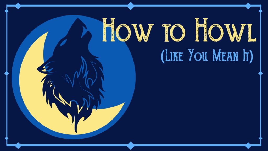 Graphic design with article title and image of a wolf howling
